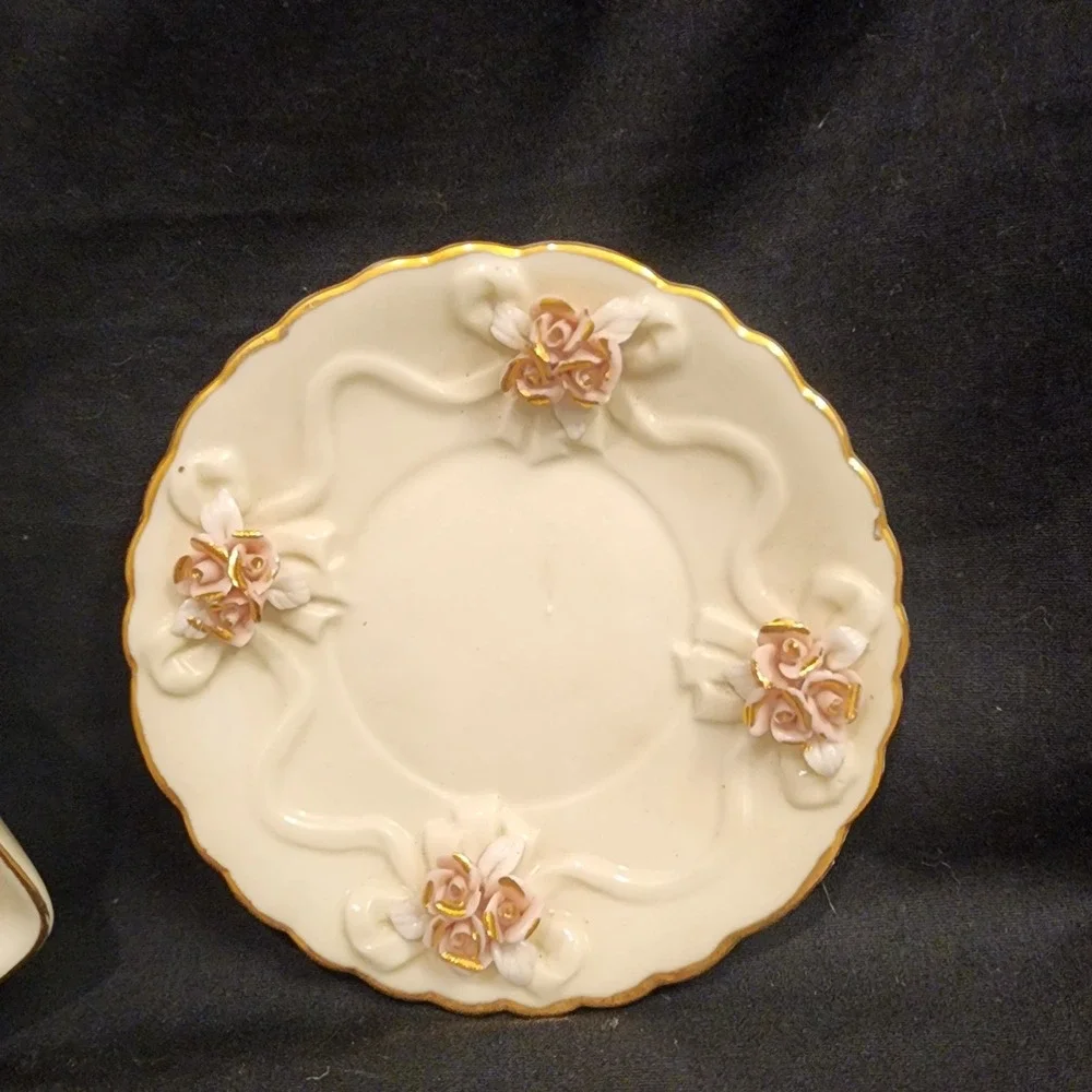 VTG Victorian Porcelain 5‎ Pc Set Pink Rose & Gold Trim Shabby Chic